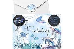 ‎CELEBR8TE celebr8te 12x Meerestiere Einladungskarten im UV-Lack Design - Für den Kindergeburtstag von Jungen & Mädchen - Partyeinladungen für Geburtstage +12 Umschläge +12 Sticker
