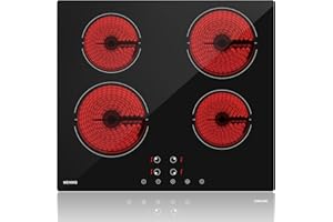 Glaskeramikkochfeld, WEHIMO Glaskeramikkochfeld 4 platten, 59cm, 6000W, 4 Kochzonen (1800W*2+1200W*2), 9 Heizstufen, Berührun