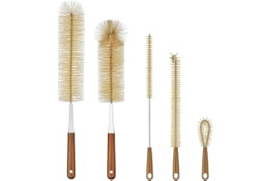 ALINK 5-Pack Bottle Brush Cleaner - Long Bamboo Handle Water Bottle Straw Cleaning Brush for Washing Narrow Neck Beer Wine Decanter, Sports Bottle, Thermos, Flask