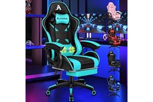 ALFORDSON Sedia Gaming con 2 Punti di Massaggio, Sedia da Gamer con Poggiatesta e Supporto Lombare Regolabile, Poggiapiedi, Sedia da Ufficio Reclinabile a 150°, Ciano y Nero