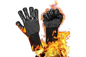 YIWONFU BBQ Gloves Heat Resistant Gloves, 800°C/1472°F Heat Proof Oven Gloves with Fingers, Long Wrist Protect, Non-Slip Silicone, for Cooking, Baking, Barbecue, Kitchen, Welding, Repair - Black