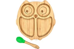 Kleiner Fuchs Assiette Bebe Ventouse Antidérapante avec Cuillère pour Bébé Assortie - Set de Vaisselle en Bambou de Haute Qualité avec Boîte Cadeau Élégante - Assiette Bebe Bambou (Hibou)