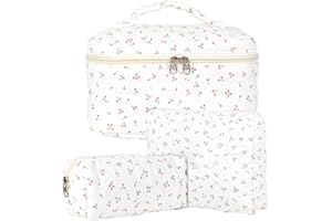 KOMABLEN 3pcs Beauty Case da Viaggio Donna, Cotone Grande Borsa Cosmetica da Viaggio, Floreale Trousse Trucchi Donna, Borsa Porta Trucchi da Toilette Makeup Bag Organizer per Donne e Ragazze