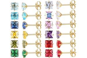 JMFENFA Juego de 12 pares de aretes de tuerca de acero inoxidable quirúrgico chapados en oro de 18 quilates, diseño de estrella, corazón, lágrima, circonita cúbica, piedra natal