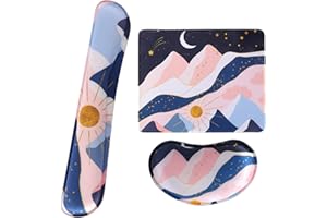 HAOCOO Keyboard Wrist Rest Mouse Mat with Support Rest Non-Slip Rubber Base Memory Foam Pain Relief Mouse Mat Set for Laptop PC Home Office (Mountain & Starry Sky)