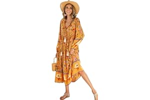 R.Vivimos Donne Eleganti Casual Bohemian Print Neck Tie Maniche Lunghe Abito da Spiaggia Lungo Midi Vestito Vacanze