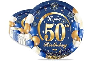 MORAINJAY 16 Pièces Assiette pour Fête Anniversaire 50 ans,7 Pouces/18cm Bleu Or Papier Assiette Dessert Plateau Vaisselle pour Décoration Anniversaire 50 ans Homme Femme