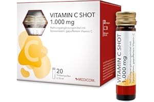 ‎MEDICOM Medicom – Vitamin C Shot 1.000 mg, Liposomales & Gepuffertes Vitamin C im Trinkformat, Hochdosiert, Immunsystem & Energie, Kollagenbildung, Orangengeschmack, Vegan – 20 Trinkampullen