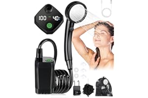fezori Portable Shower, Camping Shower Pump with Rechargeable 6000mAh Battery and Sinking Bottom Design, Outdoor Shower IPX7 Waterproof with Temperature Display for Camp, Car Washing, Pet Bath (Black)