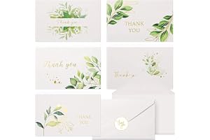 Thank You Cards, Gold Foil Green Plant Thank You Greeting Cards with Envelopes and Stickers, 6 Designs Suitable for Wedding, Graduation Ceremony, Birthday, Welcome Baby Party, Memorial （12 Set）
