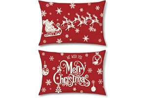 Bonhause Świąteczne poszewki na poduszki 30 x 50 cm, Święty Mikołaj, sanie, renifer, płatki śniegu, czerwone, dekoracyjne poszewki na poduszki na sofę, łóżko, do domu, patio, dekoracja zimowa