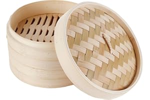 HANHAN Cuiseur vapeur en bambou naturel, panier vapeur à vapeur 2 niveaux avec couvercle, idéal pour les avions, légumes et dim Sum (21 cm)