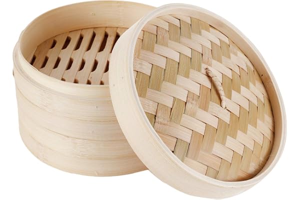 HANHAN Cuiseur vapeur en bambou naturel, panier vapeur à vapeur 2 niveaux avec couvercle, idéal pour les avions, légumes et dim Sum (21 cm)