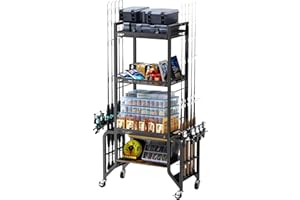 JAOGAUS Soporte para caña de pescar de 4 capas con ruedas para 10 cañas de pescar, estante con 4 rodillos para un fácil movimiento, 2 de ellos con frenos, para garaje, barco, hogar, accesorios de