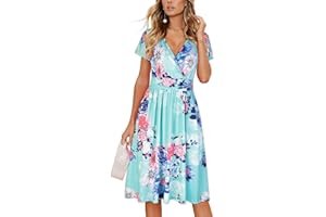 OUGES Women's Summer Midi Dress V-Neck Long/Short Sleeve Floral Ladies Spring Dress with Pockets
