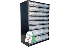 ‎RAACO raaco Kleinteilemagazin C9-34, 26 kg Last, 15 x 30,6 x 42 cm, 34 Schubladen, beschichteter Stahl, geeignet für Wandmontage, Schraubenregal mit Sortierboxen für Kleinteile für Werkstatt Ordnungssystem