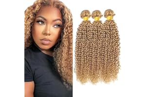 Creuost Parrucca Donna Capelli Veri Umani Kinky Curly Bundles Human Hair Extensions 100% Unprocessed Brazilian Virgin Hair #27 Blonde Brown Weave 3 Bundles Total 300g For Women 24 26 28 Inch
