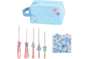 WINRIC Stitth-Makeup Brush Set,with Storage Bag Makeup Mirror Cartoon Theme Cosmetic Eyeshadow Face Cosmetic Brushes for Powder Eyeshadow Blushes Lips Gifts for Girl Women Birthday Gifts (5, Pink+Blue)