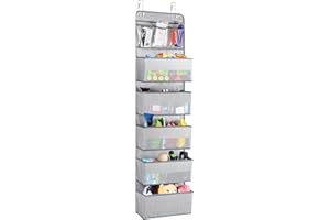 Univivi Over Door Storage Organiser, The Door Hanging Shelves with 5 Large Compartments with Window & 3 Clear Pockets, Foldable Hanging Storage for Baby Nursery Livingroom Bedroom Bathroom, Grey