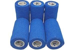PintoMed - Venda Cohesiva - 6 x AZUL - 6 rollos x 10 cm x 4,5 m estirado - Vendaje autoadhesiva elástica y flexible, Cinta adhesiva, Vet Wrap, Tape, Primeros auxílios y lesiones
