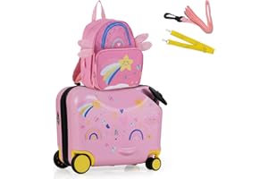GOPLUS Maleta Infantil de 2 Piezas con Ruedas Giratorias, Equipaje de Viaje con Mochila, Juego de Equipaje para Niños Ride-on & Sit-on & Carry-on 47cm y Mochil 30 cm, Maleta de Cabina (Estrellas)