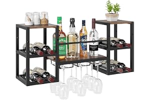 COSTWAY Vinställ vägg, flaskhylla för 8 flaskor & 9 vinglas, vägghylla trä med metallram, industriell design, perfekt för hem