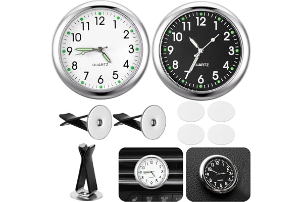 Celepoir 2 Pièces Horloge Voiture, Mini Horloge Voiture Tableau de Bord | avec Clip de Ventilation, Analogique Lumineuse, Autocollante, pour Intérieur Auto, Tableau de Bord Auto