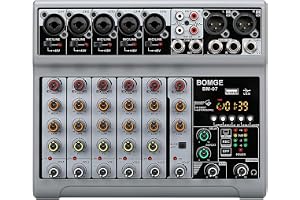 BOMGE Ljudmixer, ljudbord/mixningskonsol med 5-kanals digital USB Bluetooth Echo fördröjningseffekt, 48V Phantom Power Stereo DJ-mixer för inspelning, livestreaming, podcasting (BM-07)