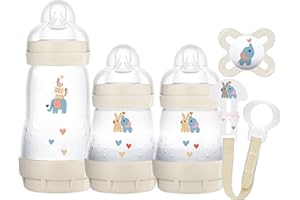 MAM Welcome to The World Set | Baby Gift Set with 3X Feeding Bottles, 0-2 Month Soother and MAM Dummy Clip | Baby Accessories for Newborn | Grey (Various Designs)