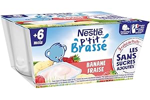 Nestlé Bébé P'tit Brassé Fraise Banane sans sucres ajoutés - Laitage dès 6 mois - 4 x 90g