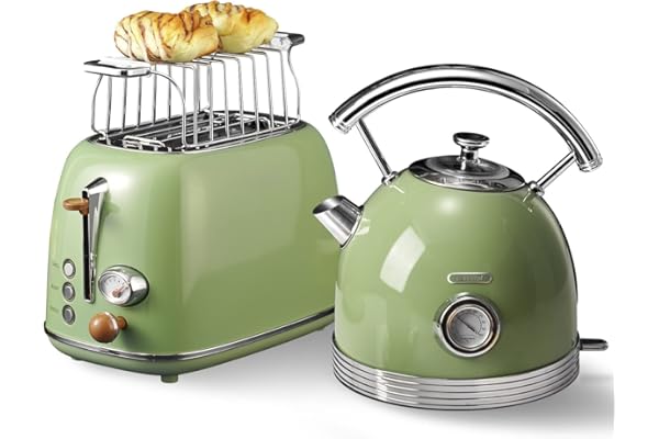 Wiltal Ensemble de bouilloire grille-pain, bouilloire en acier inoxydable, 2200 W, chauffage rapide, grille-pain avec grille réchauffe-viennoiseries pour chauffer tous les types de pain, vert rétro