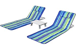 TANGZON 3 Pieces Folding Beach Chair Mats and Table Set, Outdoor Set of 2 Sun Lounger Seats with Headrest and Adjustable Backrest, Lightweight Chaise Lounge Set for Patio, Garden and Poolside (Blue)