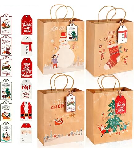 Jinlaili 24 Sacchetti Regalo Di Natale Con Adesivi E Corda - Kit Completo Per Confezioni Regalo Fai Da Te