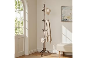 Bekrvio Adjustable Height Solid Wooden Coat Stand for Small Space, 9-Hook Coat Rack Stand with Tripod Base, Walnut Finish Freestanding Coat Stand for Hallway, Entryway-Load 90.7 kg