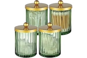 Amolliar Sage Green Glass Qtip Holder Dispenser, Bathroom Canister Apothecary Jar for Cotton Swabs, Cotton Balls, Round Pads, Floss Picks, Countertop Storage Organizer Container for Vanity,Gold 4 Pack