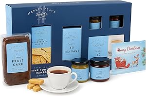 Tea & Biscuits Gift Set - Traditional Time For Tea Gift Hamper with Strawberry Jam, Lemon Curd, Brandy Fruit Cake & more 300g with Topline Card. Christmas Hamper Gifts for Couples & Stocking Fillers