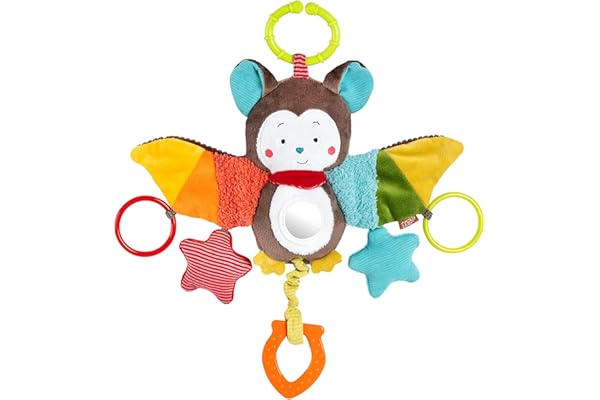 Fehn Activity-Spieltier Fledermaus – Baby Motorikspielzeug für Kinderwagen, Kinderbett und Babyschale zum Beißen, Greifen und Geräusche erzeugen - Beißring Spielzeug für Babys und Kinder ab 0+ Monaten