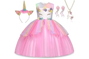 TEBOKHAD Einhorn Kostüm Mädchen, Prinzessin Kleid Mädchen Mit Halskette, Ohrklammer Und Stirnband, Einhorn Kostüm Kinder Für Eihnachten Verkleidung, Karneval Halloween, Geburtstag Party