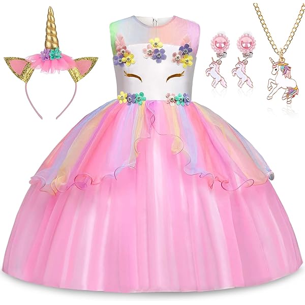 TEBOKHAD Eenhoornkostuum voor meisjes, prinsessenjurk voor meisjes, met halsketting, oorclip en hoofdband, eenhoornkostuum voor kinderen, voor Kerstmis verkleden, carnaval, Halloween, verjaardagsfeest