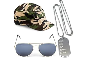 REDSTAR FANCY DRESS 3pc Army Costume Accessories Women and Men - Army Fancy Dress Accessories Set with Camo Cap, Dog Tag Necklace and Gold Aviator Sunglasses - Adult Fancy Dress Soldier Costume Men for Stag Do Outfit
