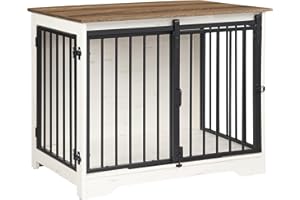 Hzuaneri Dog Crate Furniture, 81 cm Double Door Wooden Dog Crate with Barn Door, Indoor Kennel, End Side Table Animal Crates for Small Medium Dogs, Anti-Chew Anti-Escape, White Brown DFC83614B