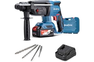 Dong Cheng Marteau perforateur sans fil 18V, énergie de frappe 2,7 J, avec 4 bits SDS-plus, diamètre de perçage maximum 28 mm, moteur de marteau perforateur sans balais, poignée anti-vibration