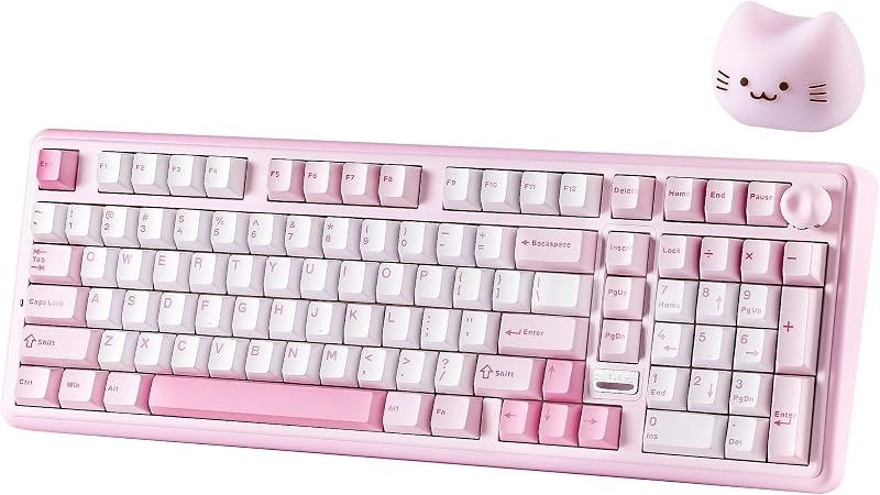 YUNZII B98 PRO QMK/VIA Wireless Mechanical Gaming Keyboard, 96% Layout with Numpad and Cute Cat Knob, BT/2.4G/USB-C, Pre-Lubed Switch Hot Swappable Gasket Keyboard (Pink, Milk V2 Linear Switch)