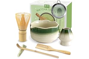 JBER Matcha Kit 7 Pièces - Fouet en Bambou pour Matcha, Bol à Matcha à Buse, Support pour Fouet, Tamis à Matcha, Cuiller et Support, Kit de Thé Japonais pour Amoureux du Matcha - Vert Dégradé
