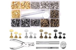 Queta Set di Rivetti in Pelle, 360 Set Doppio Cappuccio in Metallo Rive 3 Dimensioni con Pinze da Punzonatura,4 Scatti a Colori a Pressione per Riparazione Artigianale Fai-da-Te Cucito, Fatto a Mano