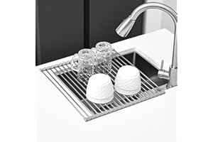 KitchenRaku Scolapiatti da Appoggio 43x40cm | Tappetino Pieghevole per il Lavandino in Cucina | Acciaio Inox 304 | Scolapiatti per il Lavello della Cucina (per Tazze, Frutta e Verdura), Grigio Chiaro