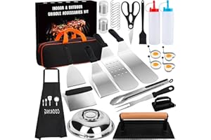 KIMIGO Set Spatule Plancha,Set de Accessoire Plancha INOX,Professionnel Ustensiles Plancha INOX avec Smash Burger Press,Spatule Professionnelle pour Barbecue de Gril pour Gril Teppanyaki et Camping