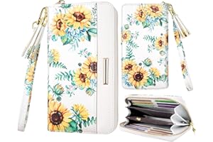 Coco Rossi Wallets for Women PU Leather Card Holder Organizer Ladies Clutch with Tassel Wristlet Wrist strap, White Sunflower, long purse