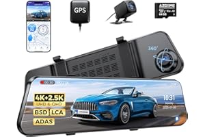 AZDOME Dash Cam Auto Specchietto Retrovisore 4K + 2.5K con WiFi 5GHz e GPS, Telecamera per Auto Touchscreen, Visione Notturna, Controllo Vocale, Scheda SD 64GB, G-Sensor, Registrazione in Loop