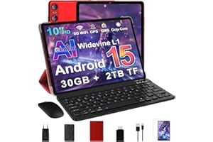 SKYEGG Android 15 Tablette 10 Pouces avec Gemini AI, 30 Go RAM + Extensible Jusqu'à 2 to ROM, Widevine L1, Octa-Core, 5G WiFi, 6000 mAh, BT 5.0, Tablette Tactile avec Clavier et Souris, Rouge